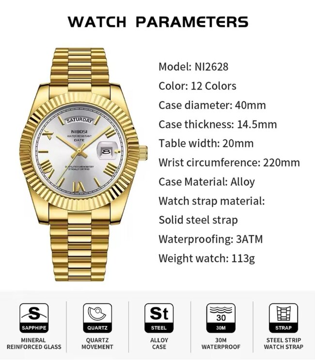 Nibosi   Herenhorloge    Rosé & Parelmoer Wit - Gratis Armband bij elke bestelling (twv €29,95)