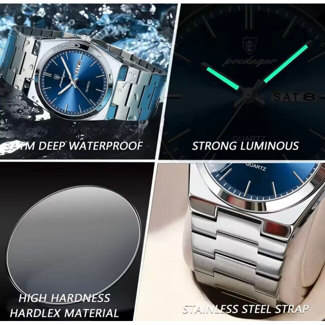 Poedagar Azure – herenhorloge met stalen band en modern design