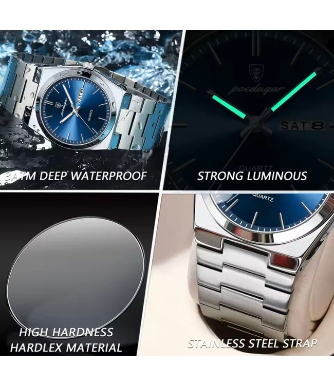 Poedagar Luxe Herenhorloges Zilver - Gratis Armband bij elke bestelling (twv €29,95)