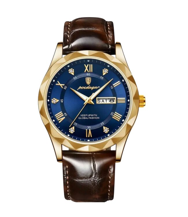 Poedagar Luxe Herenhorloges Goud   Blauw Zwart - Gratis Armband bij elke bestelling (twv €29,95)