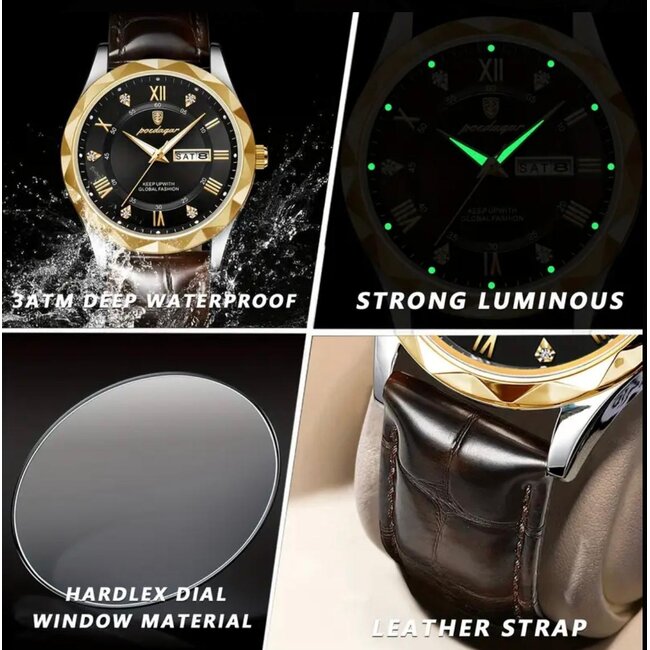 Poedagar Luxe Herenhorloges Goud   Blauw Zwart