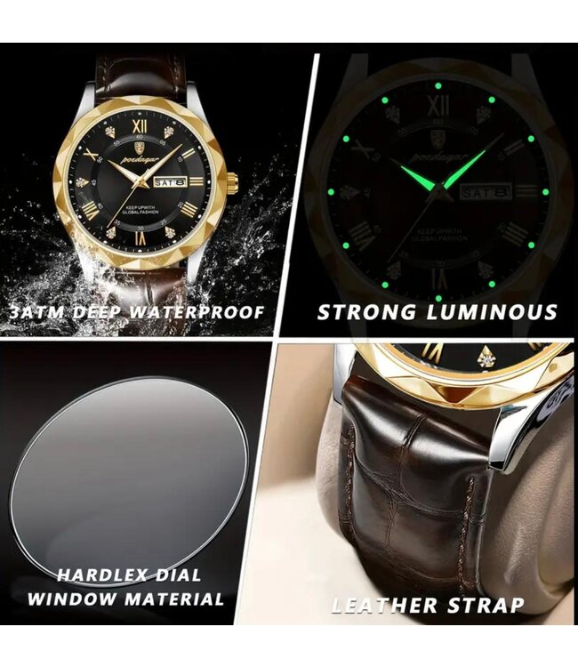 Poedagar Luxe Herenhorloges Goud   Blauw Zwart