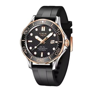 Lige Luxe Herenhorloge  Zilver Rosé  Siliconen Band