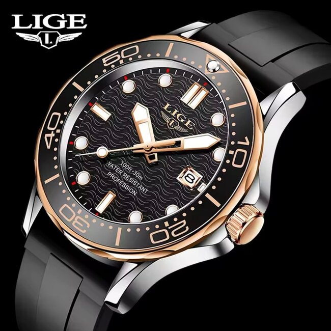 Lige Luxe Herenhorloge  Zilver Rosé  Siliconen Band