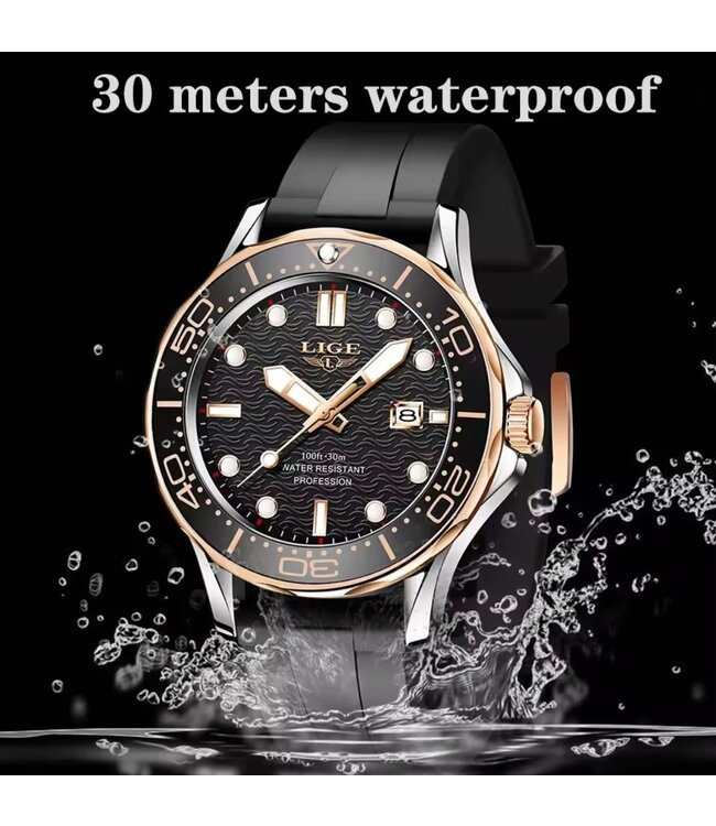 Lige Luxe Herenhorloge  Zilver Rosé  Siliconen Band - Gratis Armband bij elke bestelling (twv €29,95)