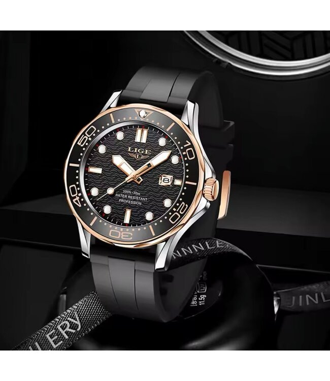 Lige Luxe Herenhorloge  Zilver Rosé  Siliconen Band - Gratis Armband bij elke bestelling (twv €29,95)