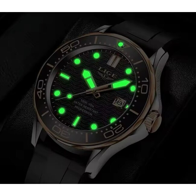 Lige Luxe Herenhorloge  Zilver Rosé  Siliconen Band