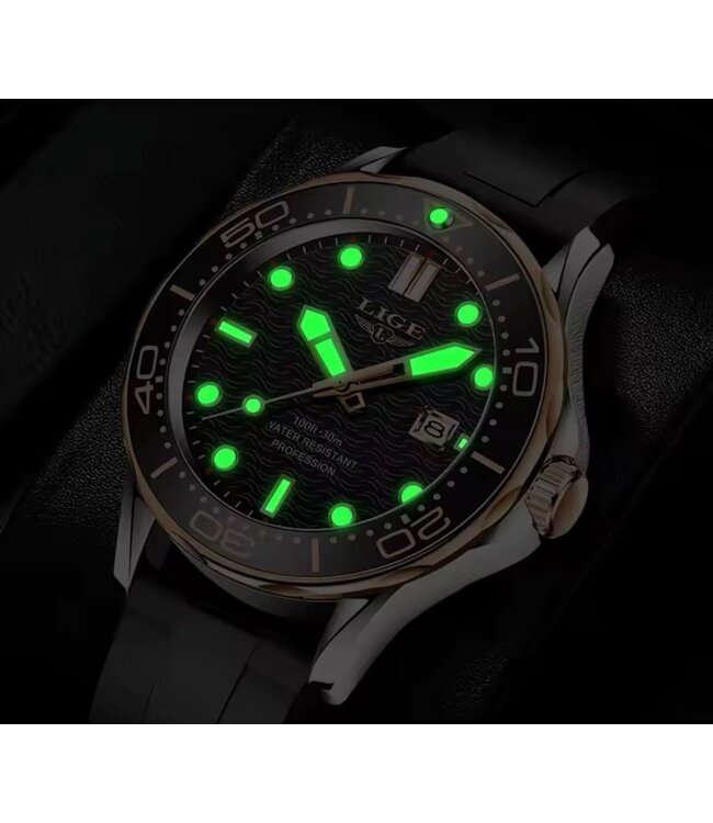 Lige Luxe Herenhorloge  Zilver Rosé  Siliconen Band - Gratis Armband bij elke bestelling (twv €29,95)