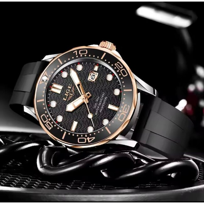 Lige Luxe Herenhorloge  Zilver Rosé  Siliconen Band