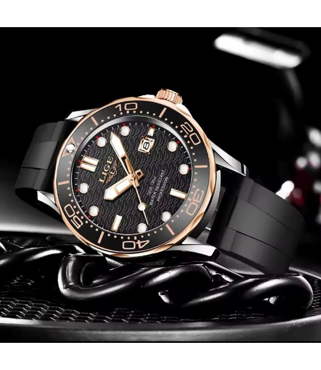 Lige Luxe Herenhorloge  Zilver Rosé  Siliconen Band - Gratis Armband bij elke bestelling (twv €29,95)