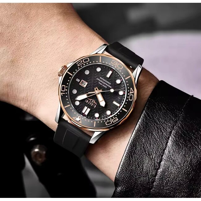 Lige Luxe Herenhorloge  Zilver Rosé  Siliconen Band