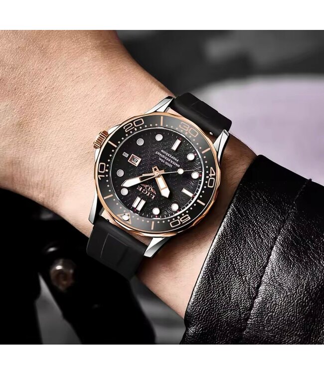 Lige Luxe Herenhorloge  Zilver Rosé  Siliconen Band - Gratis Armband bij elke bestelling (twv €29,95)