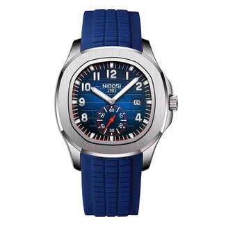 Nibosi Herenhorloge  Zilver Blauw  &  Siliconen Band