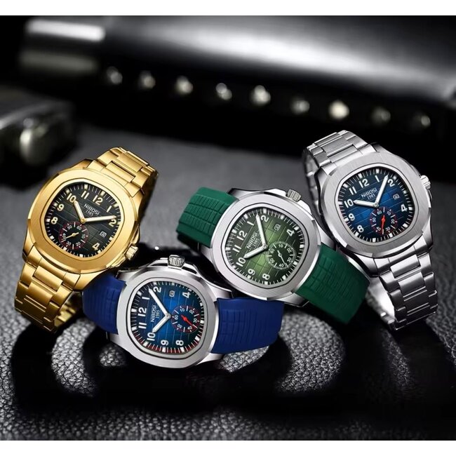 Nibosi  Herenhorloge  Zilver Blauw  &  Siliconen Band