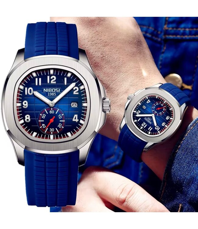 Nibosi  Herenhorloge  Zilver Blauw  &  Siliconen Band