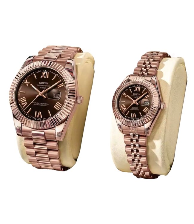 Nibosi Heren & Dameshorloges  Rosé & Chocolate Dial