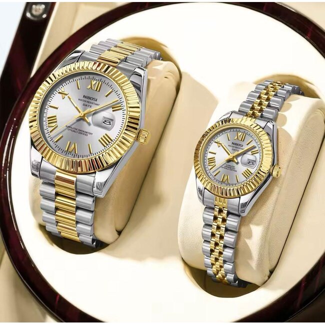 Nibosi Doubble - heren/dames horloge met stalen band en klassiek design
