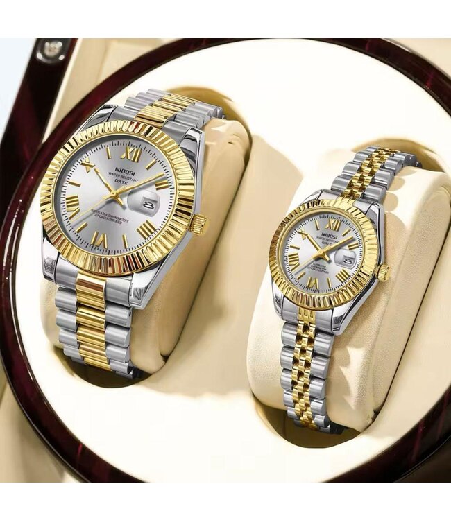 Nibosi  Heren & Dameshorloges Zilver Geelgoud