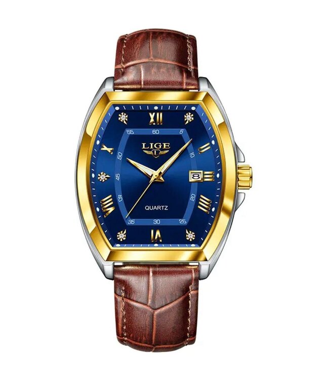 Lige Luxe Herenhorloge Goud Blauw - Gratis Armband bij elke bestelling (twv €29,95)