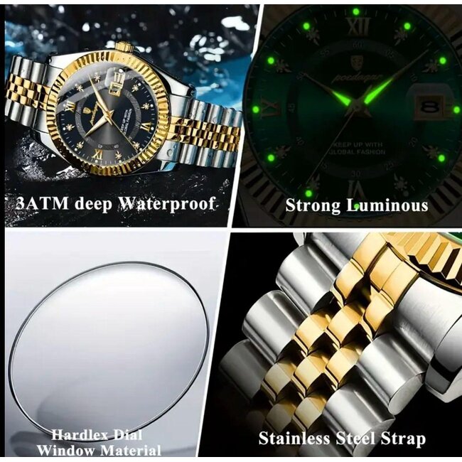 Poedagar Luxe Herenhorloge Zilver Goud Zwart