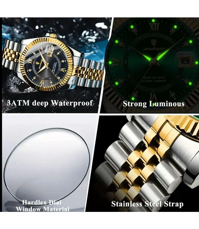 Poedagar Luxe Herenhorloge Zilver Goud Zwart