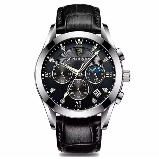 Poedagar Nocturne – herenhorloge met leren band en chronograaf design