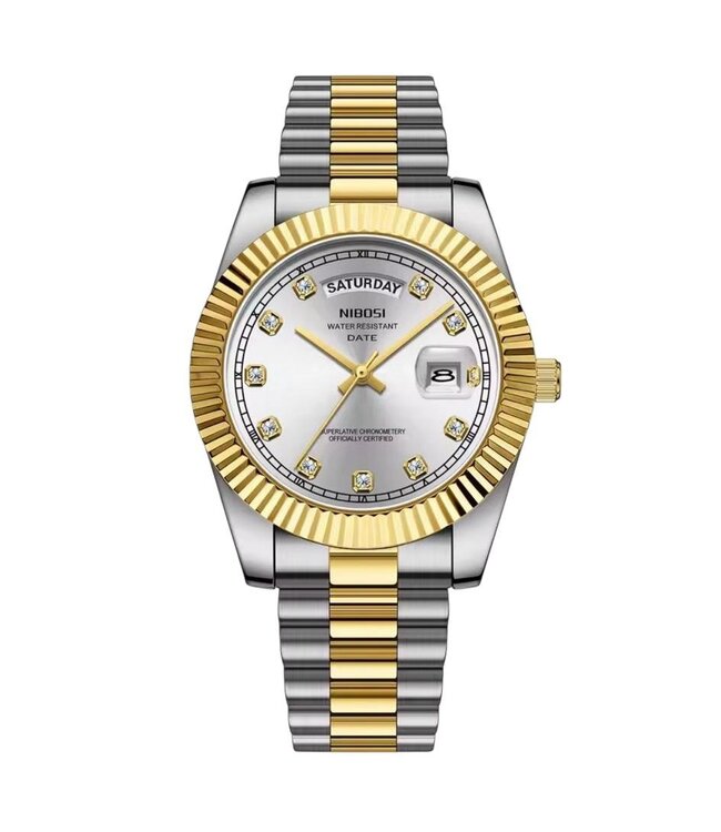 Nibosi Luxe Herenhorloge Zilver Goud Parelmoer Wit