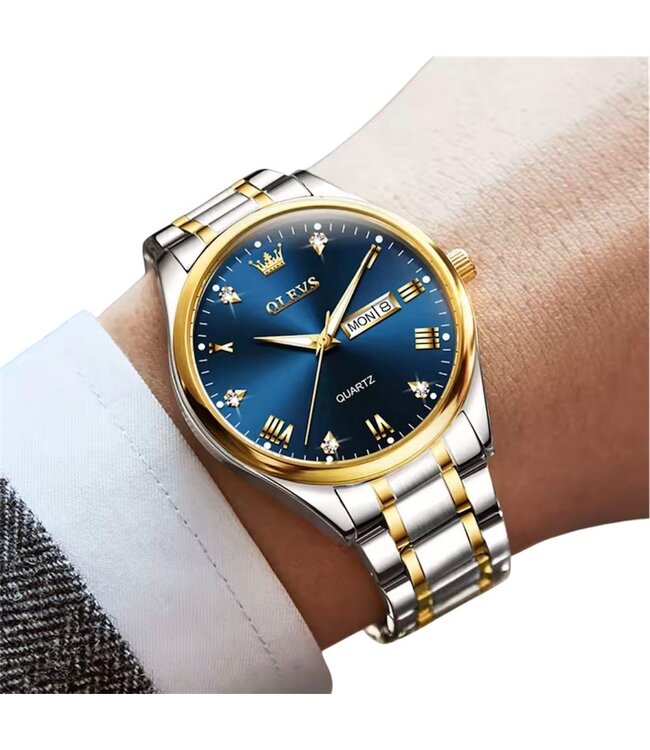 Olevs Herenhorloge Zilver Goud & Blauw Edition