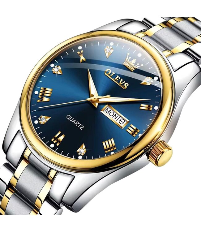 Olevs Luxe Herenhorloge Zilver Goud Blauw Edition