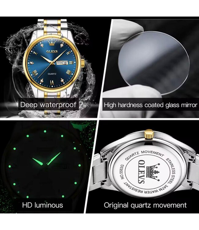 Olevs Herenhorloge Zilver Goud & Blauw Edition