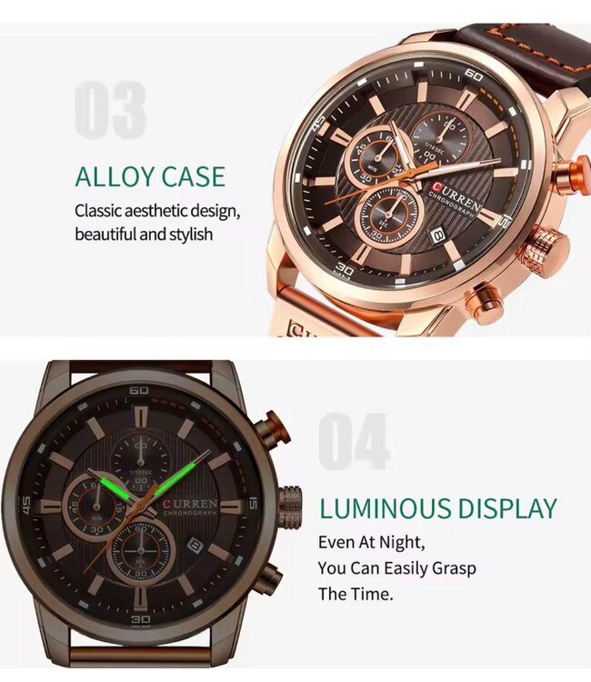 Curren  Herenhorloge Leren band (Zilver/Rosé)