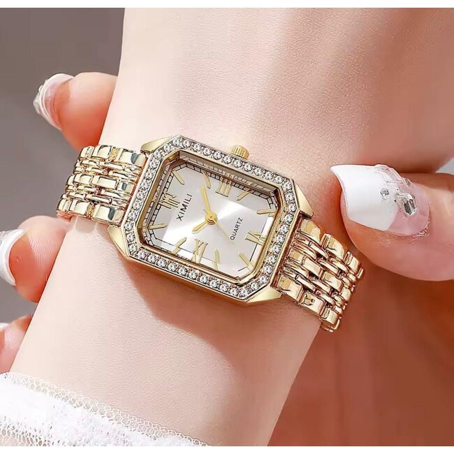 Ximili Dameshorloge Goud (Parelmoer Wit/Groen) - Diamonds