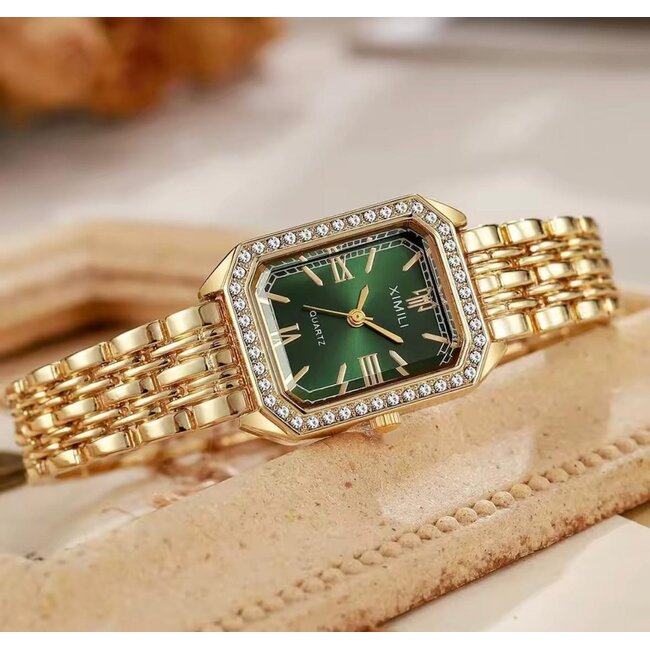 Ximili Dameshorloge Goud (Parelmoer Wit/Groen) - Diamonds