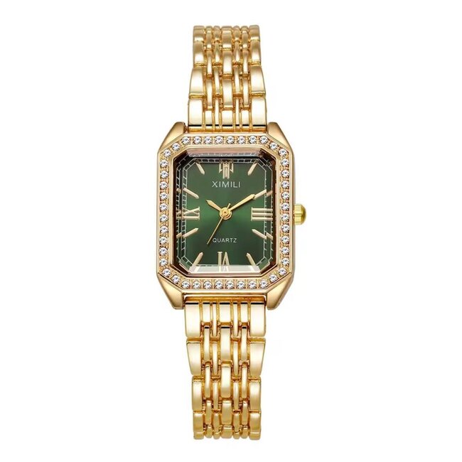Ximili Dameshorloge Goud (Parelmoer Wit/Groen) - Diamonds