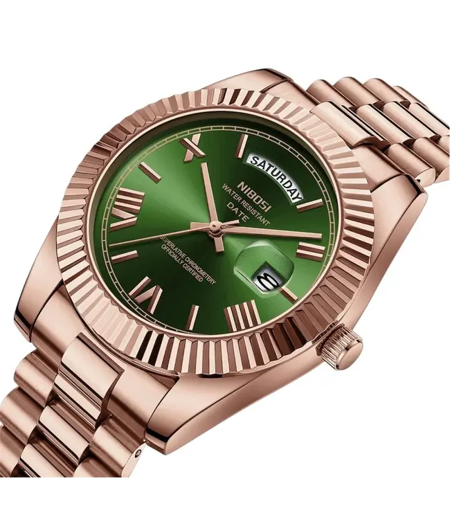 Nibosi Herenhorloge Rosé (Chocolate/Groen/Wit) - Datum