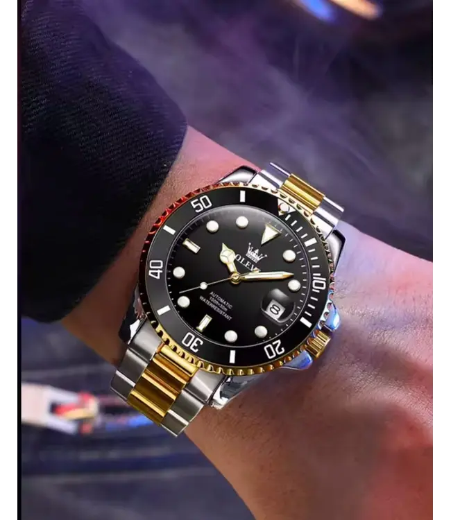 Olevs Luxe Herenhorloge Zilver Goud (Groen/Zwart)