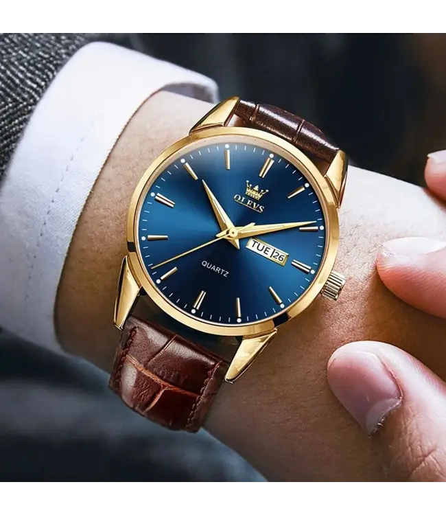 Olevs Luxe Herenhorloge Goud (Wit/Blauw)