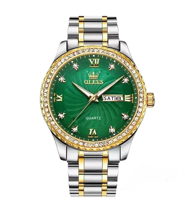 Olevs Luxe Herenhorloge Goud Diamonds (Blauw/Groen)