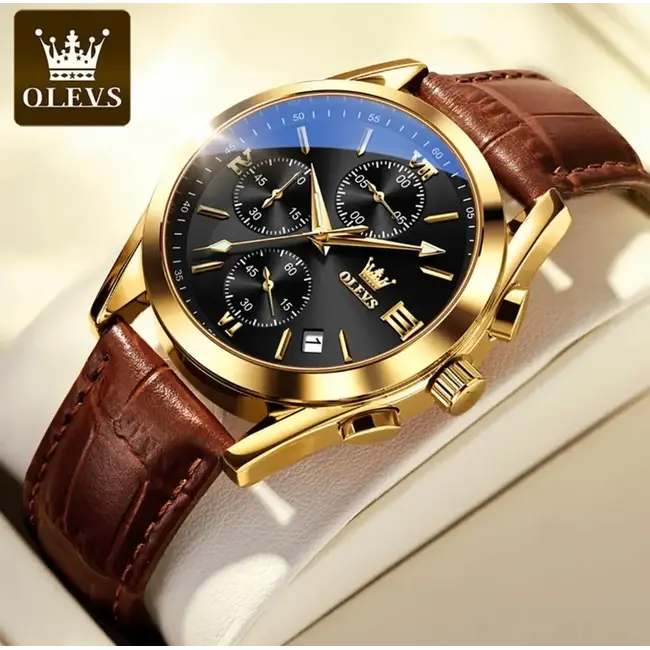 Olevs Luxe Herenhorloge Goud (Blauw/Zwart/Wit)