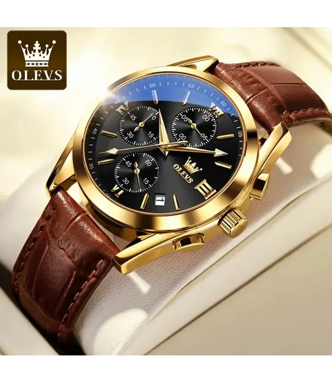 Olevs Luxe Herenhorloge Goud (Blauw/Zwart/Wit)