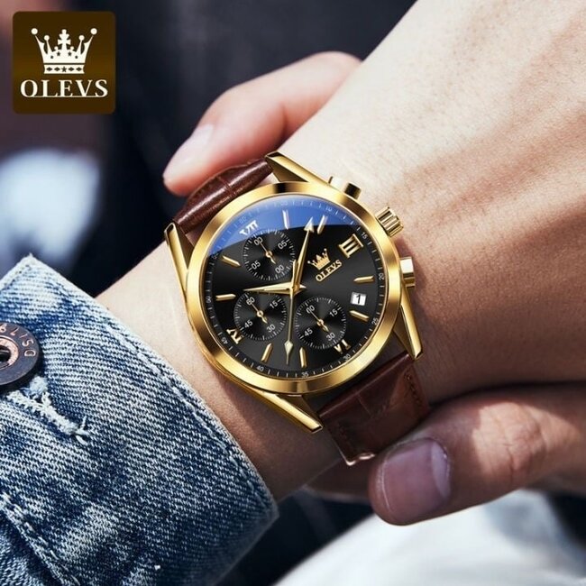 Olevs Imperium Chrono  – herenhorloge met leren band en chronograaf design