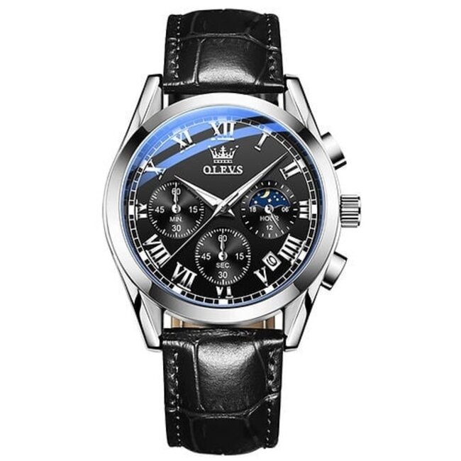 Olevs Luxe herenhorloge Zilver (Blauw/Zwart)