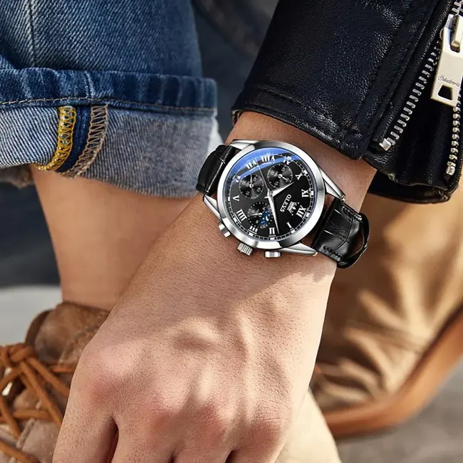 Olevs Tempest – herenhorloge met leren band en chronograaf design