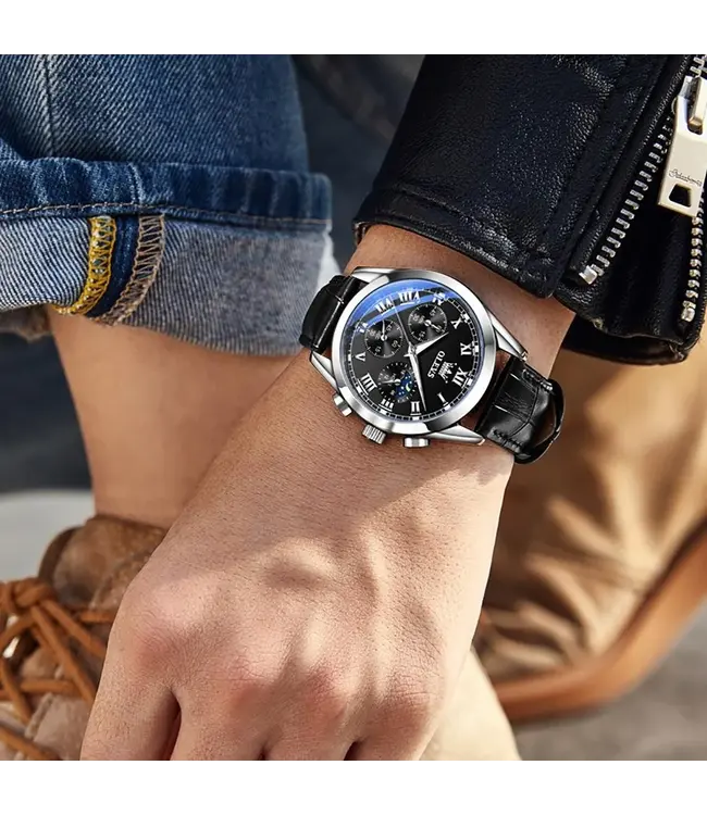 Olevs Luxe herenhorloge Zilver (Blauw/Zwart)