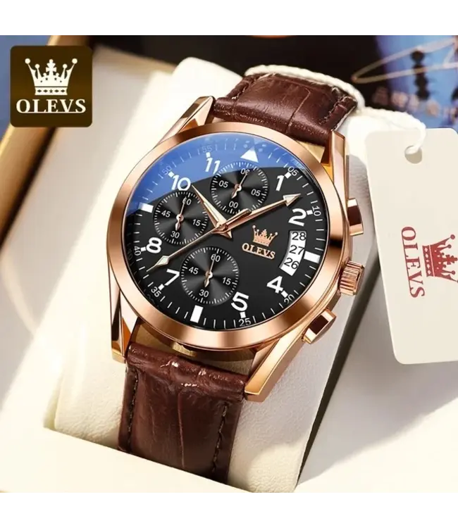 Olevs Luxe Herenhorloge Rosé (Blauw/Zwart) - Datum