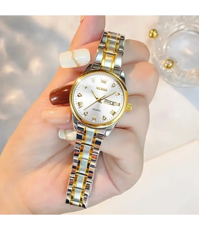 Olevs Luxe Dameshorloge Zilver Goud (Blauw/Zwart/Wit)