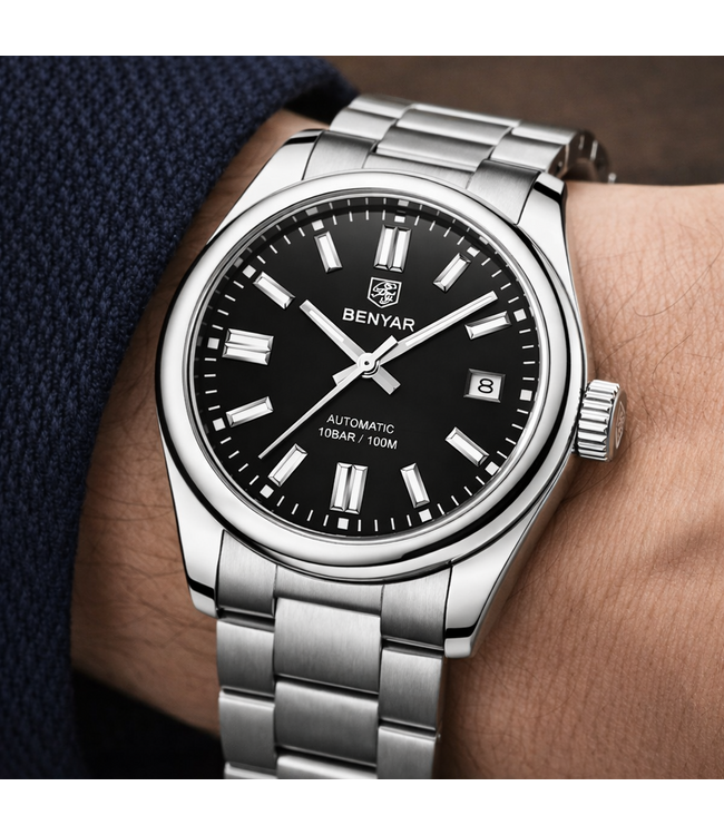 Benyar Luxe Herenhorloge  Zilver &  Zwart - Mechanisch