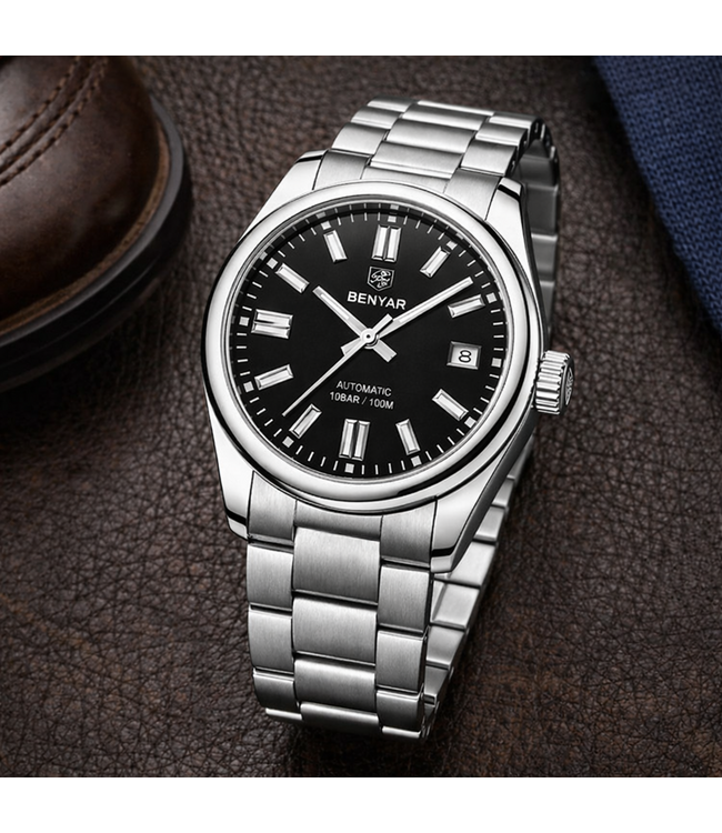 Benyar Luxe Herenhorloge  Zilver &  Zwart - Mechanisch