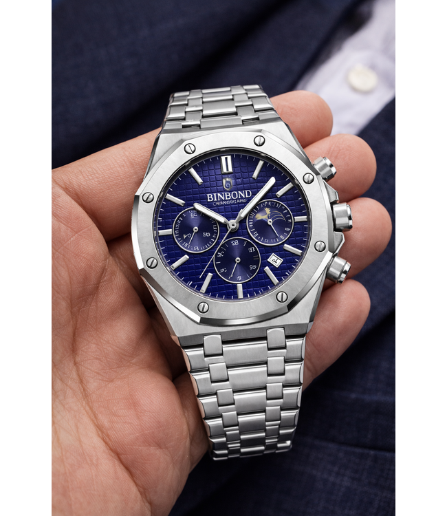 Binbond Luxe herenhorloge Zilver (Blauw/Zwart)