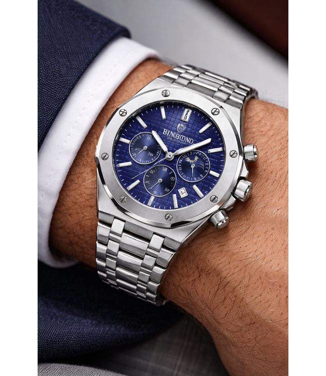 Binbond Luxe herenhorloge Zilver (Blauw/Zwart)